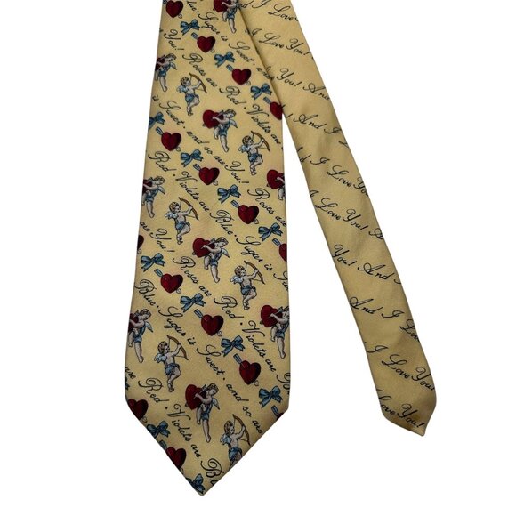 Vintage Bobachris Yellow Cupid & Heart Silk Tie Made In USA - Picture 4 of 6